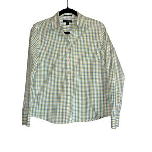 Lands End Sz 12P No Iron Pinpoint Oxford Shirt‎ Plaid Office Preppy Casual